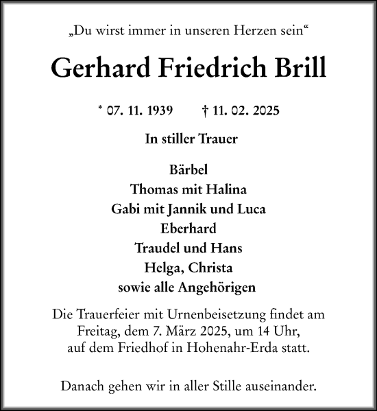 Traueranzeige von Gerhard Friedrich Brill von Wetzlarer Neue Zeitung