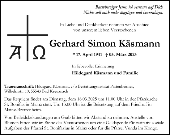 Traueranzeige von Gerhard Simon Käsmann von Allgemeine Zeitung Mainz