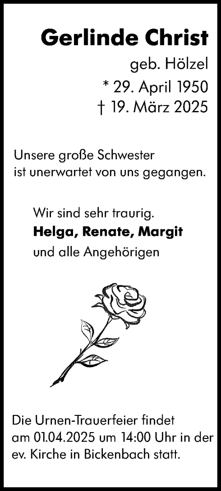  Traueranzeige für Gerlinde Christ vom 29.03.2025 aus Darmstädter Echo