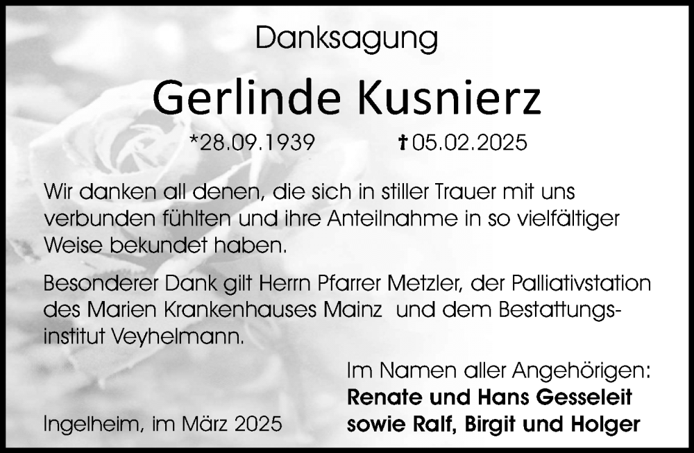  Traueranzeige für Gerlinde Kusnierz vom 29.03.2025 aus Allgemeine Zeitung Rheinhessen-Nahe