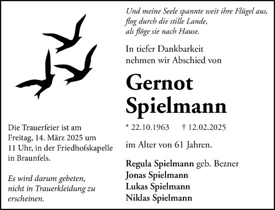 Traueranzeige von Gernot Spielmann von Wetzlarer Neue Zeitung