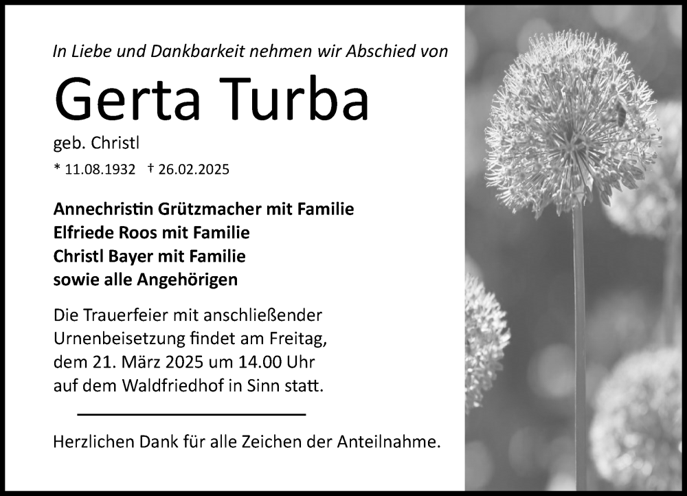  Traueranzeige für Gerta Turba vom 15.03.2025 aus Dill Block