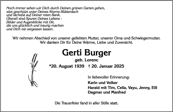 Traueranzeige von Gerti Burger von Wiesbadener Kurier