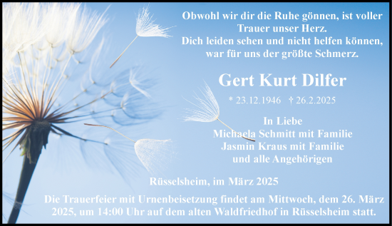 Traueranzeige von Gert Kurt Dilfer von Rüsselsheimer Echo