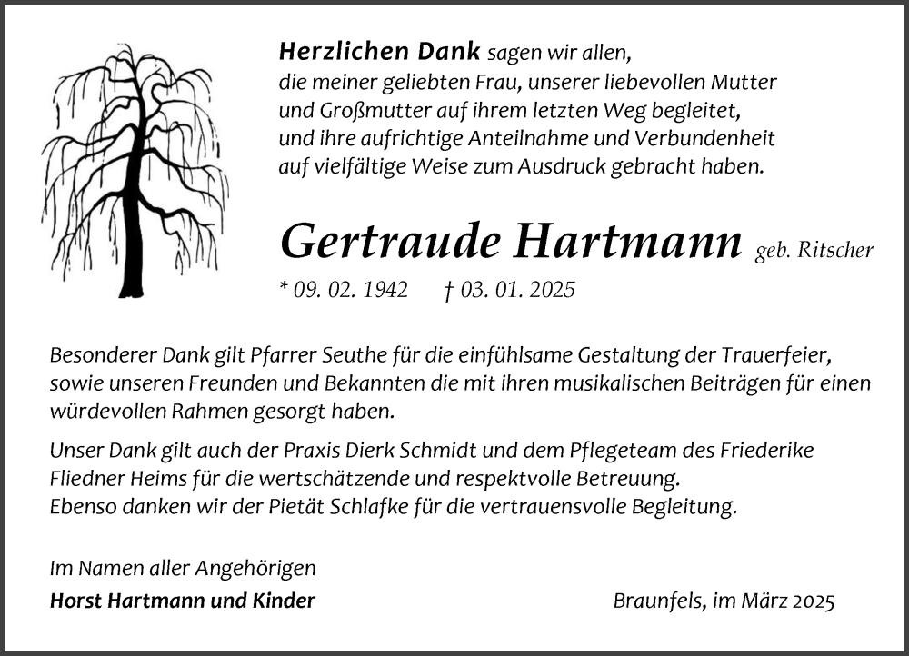  Traueranzeige für Gertraude Hartmann vom 01.03.2025 aus Wetzlarer Neue Zeitung