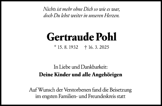 Traueranzeige von Gertraude Pohl von Dill Block