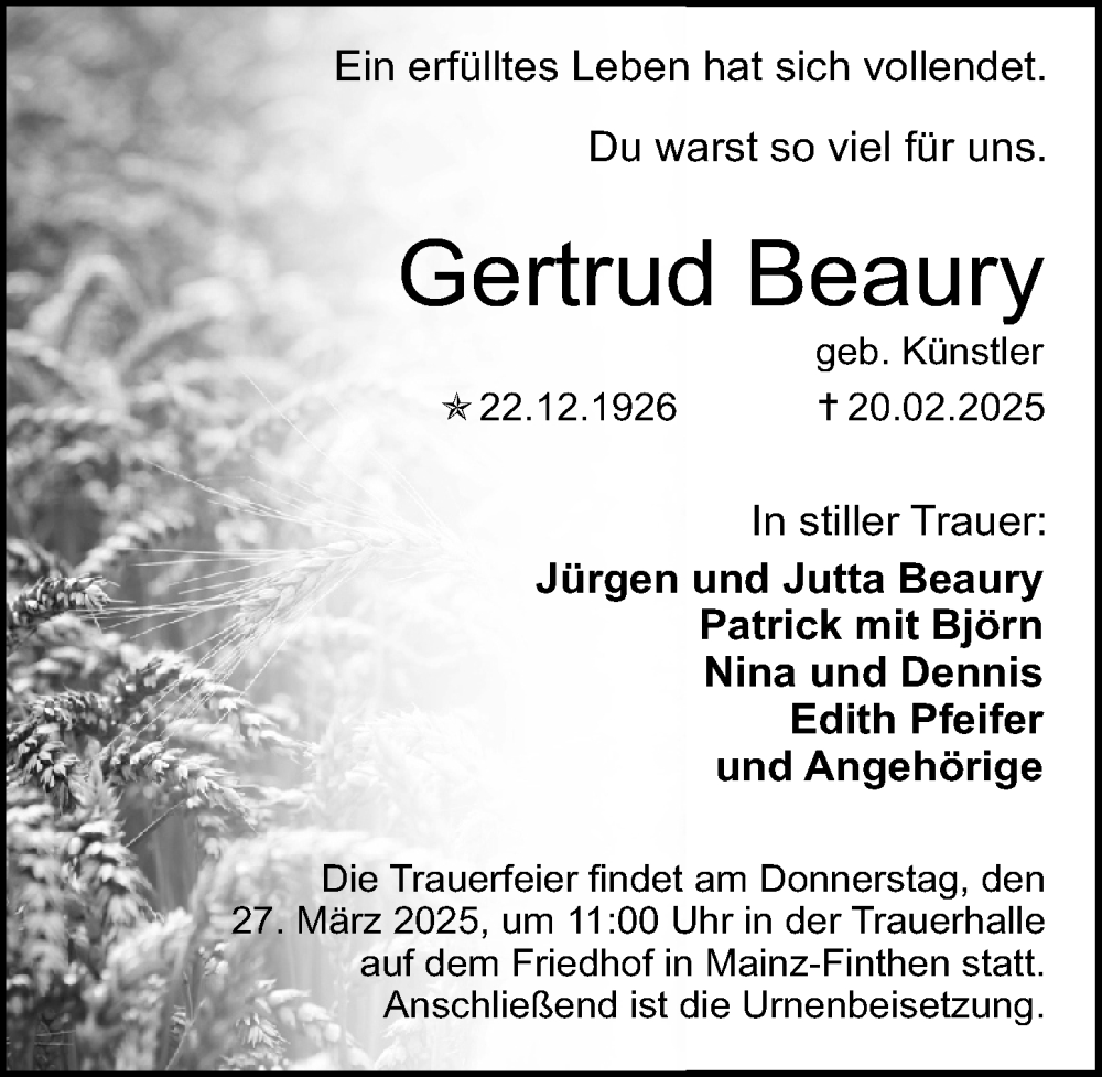  Traueranzeige für Gertrud Beaury vom 22.03.2025 aus Allgemeine Zeitung Mainz