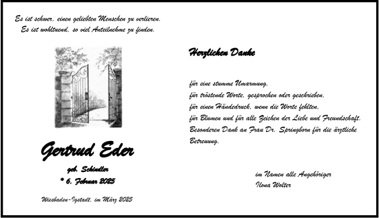 Traueranzeige von Gertrud Eder von Wiesbadener Kurier