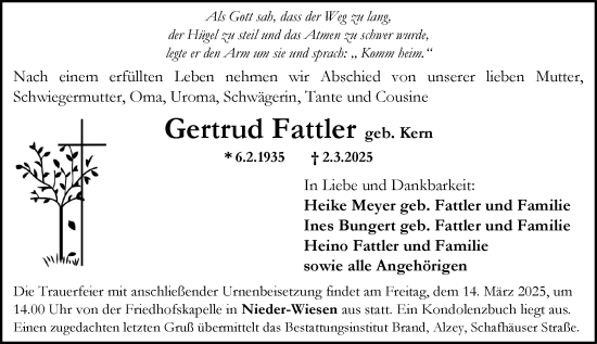 Traueranzeige von Gertrud Fattler von Allgemeine Zeitung Alzey