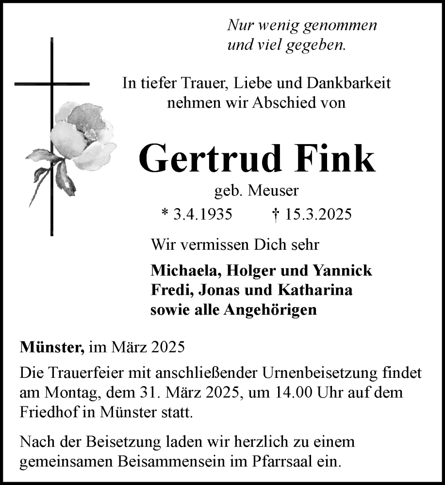  Traueranzeige für Gertrud Fink vom 27.03.2025 aus Camberger Anzeiger
