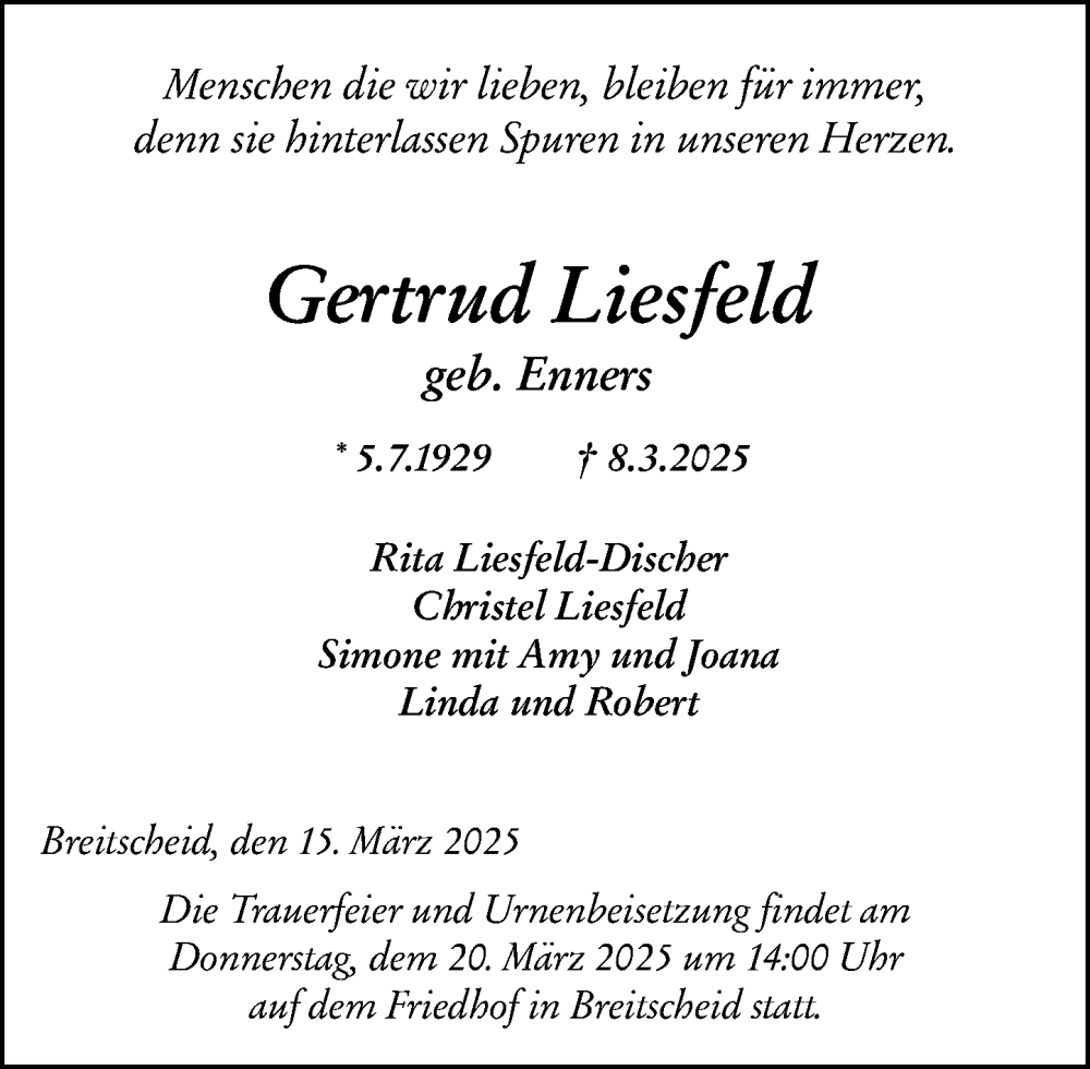  Traueranzeige für Gertrud Liesfeld vom 15.03.2025 aus Dill Block