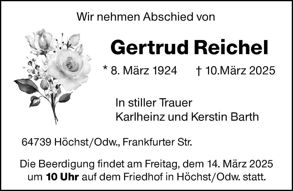  Traueranzeige für Gertrud Reichel vom 12.03.2025 aus Odenwälder Echo