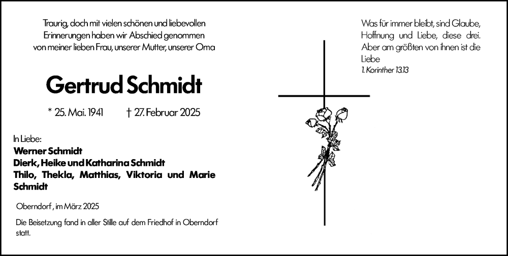  Traueranzeige für Gertrud Schmidt vom 15.03.2025 aus Wetzlarer Neue Zeitung