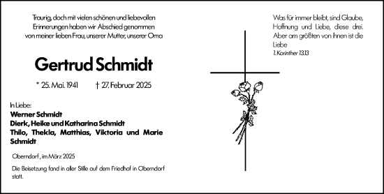 Traueranzeige von Gertrud Schmidt von Wetzlarer Neue Zeitung