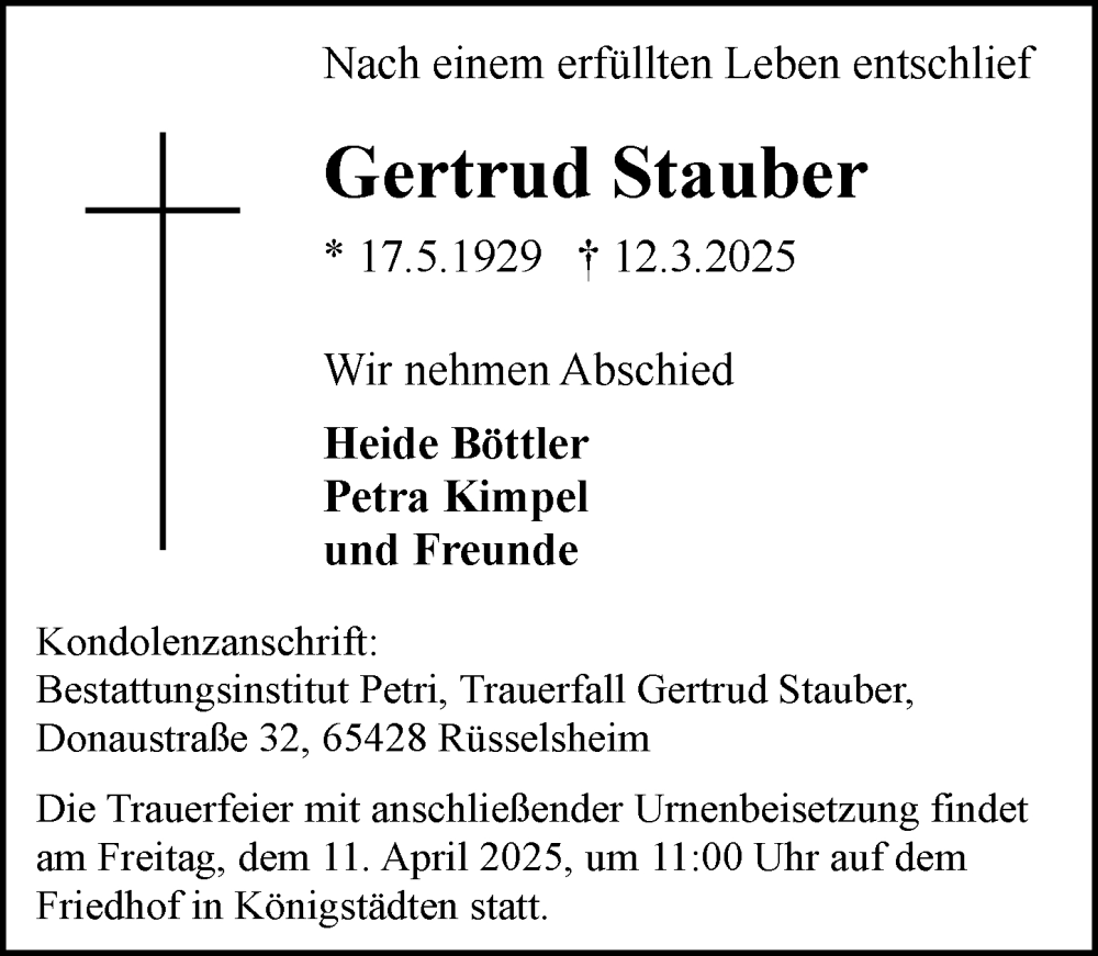  Traueranzeige für Gertrud Stauber vom 29.03.2025 aus Rüsselsheimer Echo