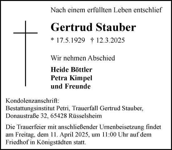 Traueranzeige von Gertrud Stauber von Rüsselsheimer Echo