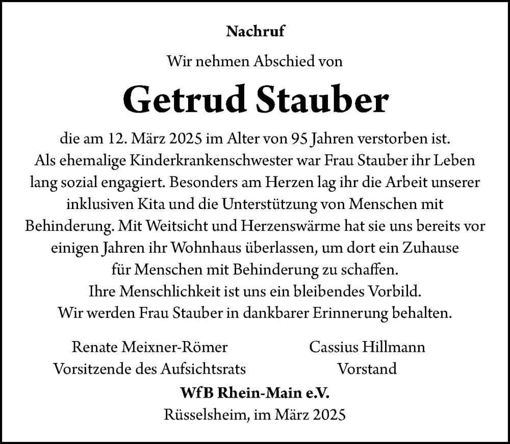  Traueranzeige für Gertrud Stauber vom 29.03.2025 aus Rüsselsheimer Echo