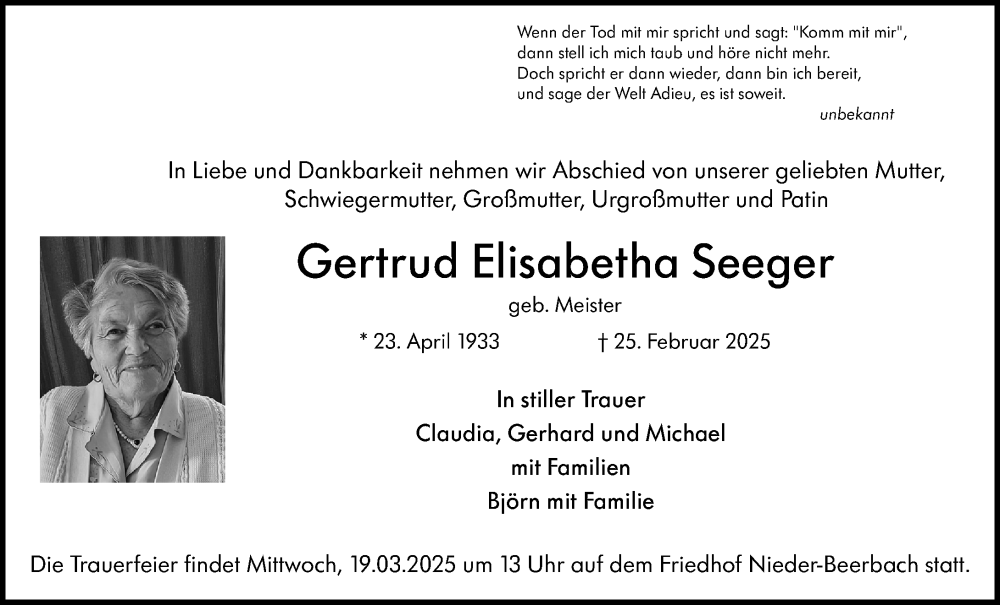  Traueranzeige für Gertrud Elisabetha Seeger vom 15.03.2025 aus Darmstädter Echo