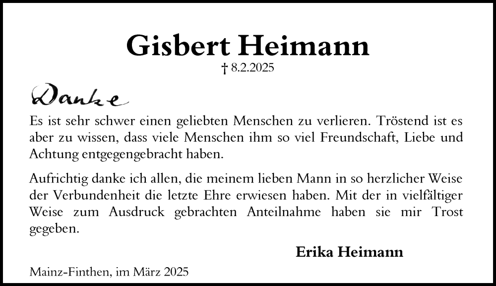 Traueranzeige für Gisbert Heimann vom 15.03.2025 aus Allgemeine Zeitung Mainz
