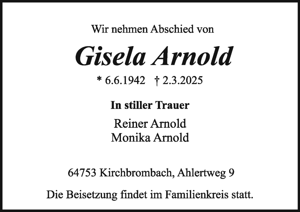  Traueranzeige für Gisela Arnold vom 08.03.2025 aus Odenwälder Echo