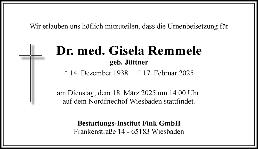  Traueranzeige für Gisela Remmele vom 08.03.2025 aus Wiesbadener Kurier