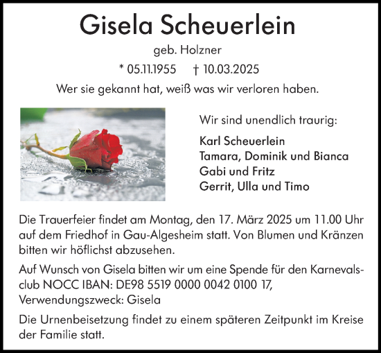 Traueranzeige von Gisela Scheuerlein von Allgemeine Zeitung Mainz