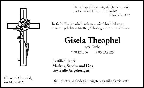 Traueranzeige von Gisela Theophel von Hinterländer Anzeiger
