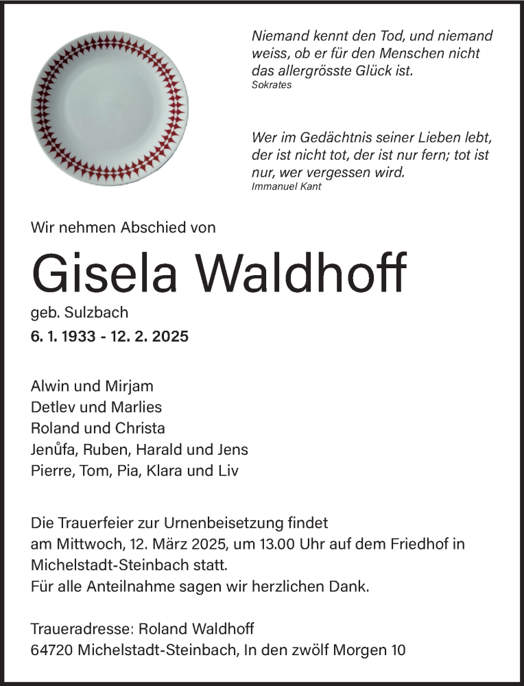  Traueranzeige für Gisela Waldhoff vom 01.03.2025 aus Odenwälder Echo