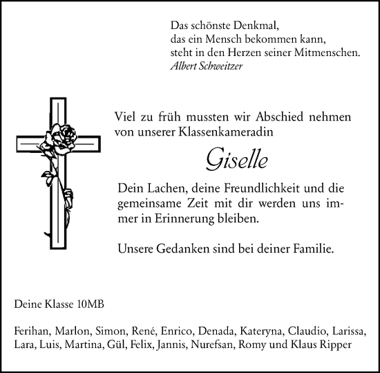 Traueranzeige von Giselle Waurig von Odenwälder Echo