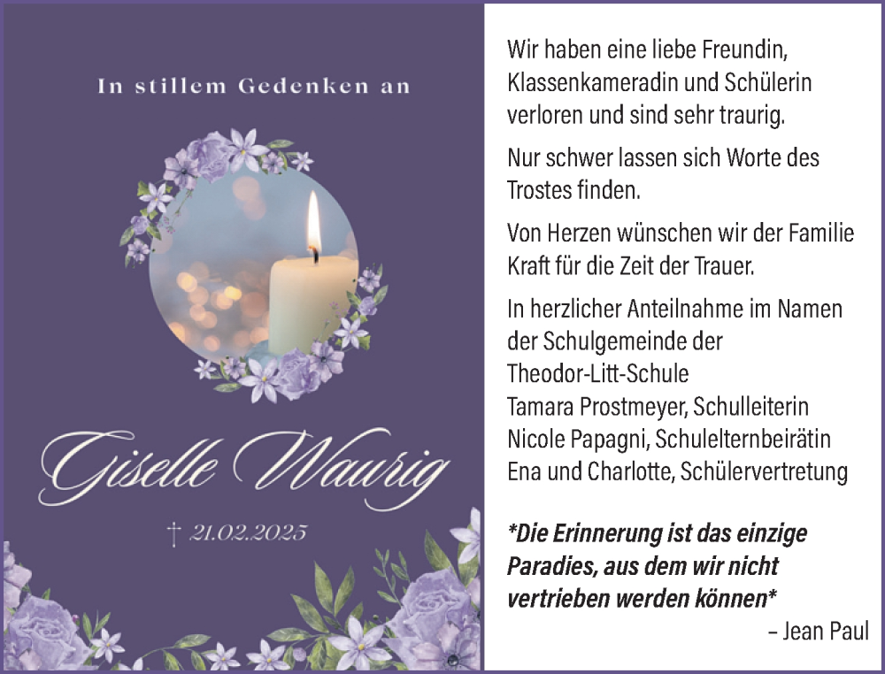  Traueranzeige für Giselle Waurig vom 15.03.2025 aus Odenwälder Echo
