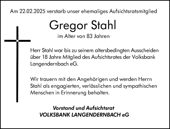 Traueranzeige von Gregor Stahl von Nassauische Neue Presse