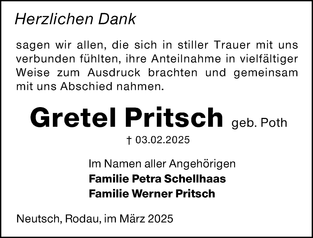  Traueranzeige für Gretel Pritsch vom 15.03.2025 aus Darmstädter Echo