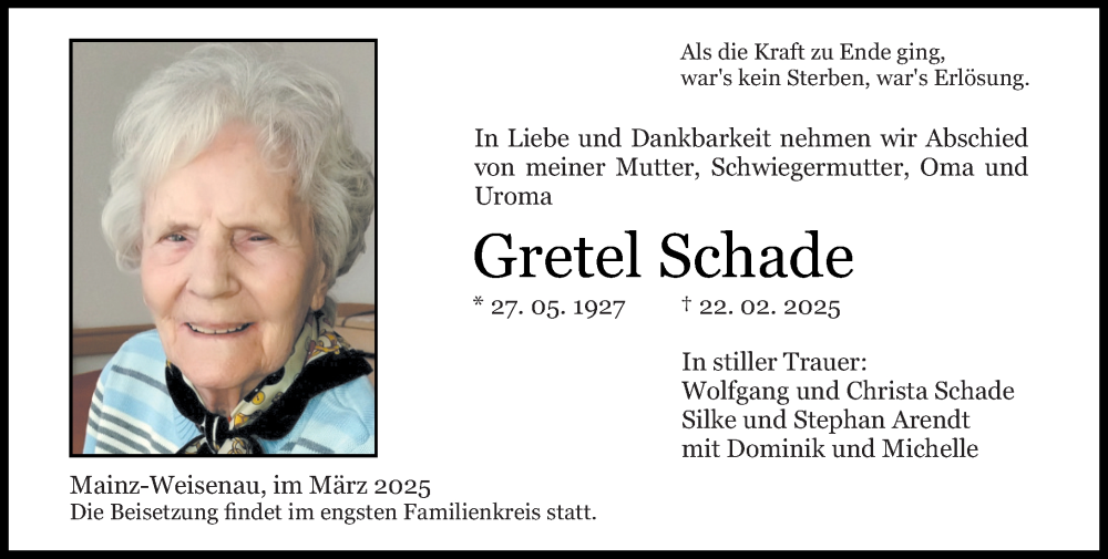  Traueranzeige für Gretel Schade vom 15.03.2025 aus Allgemeine Zeitung Mainz