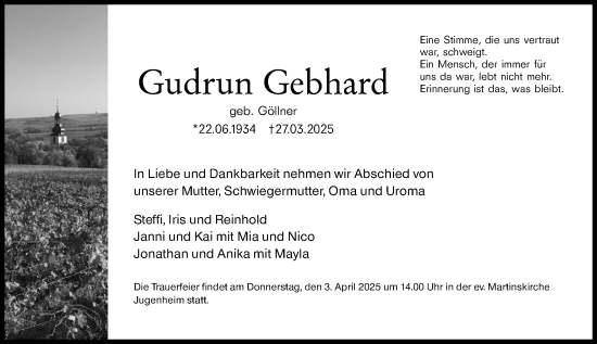 Traueranzeige von Gudrun Gebhard von Allgemeine Zeitung Mainz