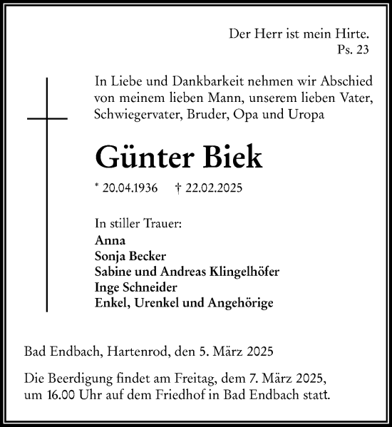 Traueranzeige von Günter Biek von Hinterländer Anzeiger