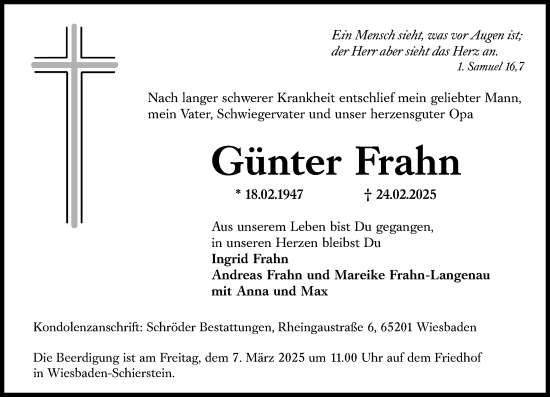 Traueranzeige von Günter Frahn von Wiesbadener Kurier