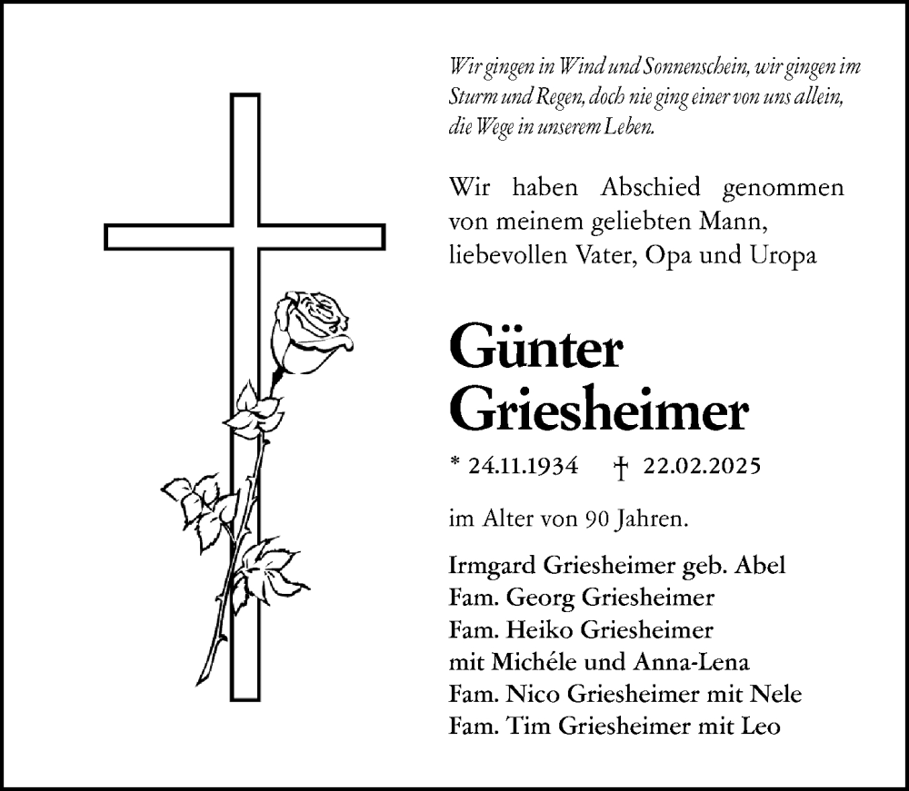  Traueranzeige für Günter Griesheimer vom 08.03.2025 aus Wetzlarer Neue Zeitung