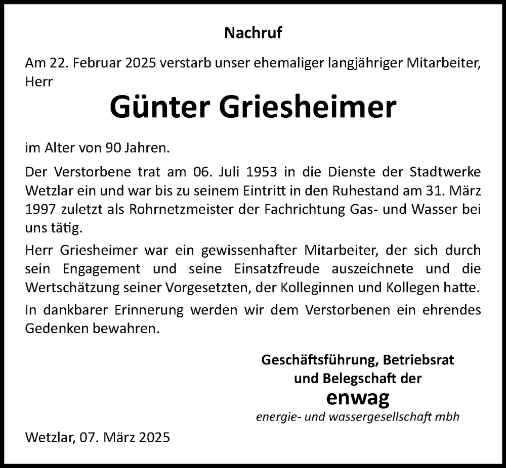  Traueranzeige für Günter Griesheimer vom 08.03.2025 aus Wetzlarer Neue Zeitung
