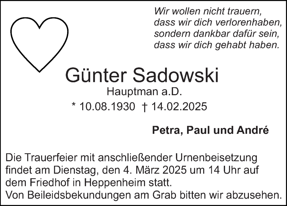  Traueranzeige für Günter Sadowski vom 01.03.2025 aus Starkenburger Echo