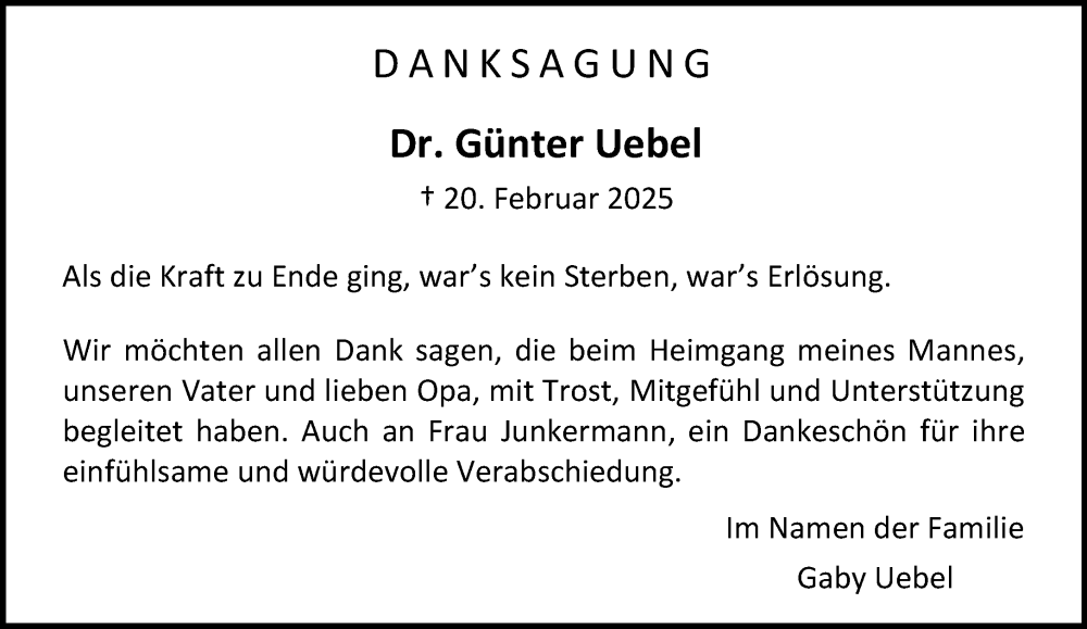  Traueranzeige für Günter Uebel vom 22.03.2025 aus Allgemeine Zeitung Mainz