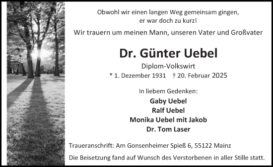 Traueranzeige von Günter Uebel von Allgemeine Zeitung Mainz