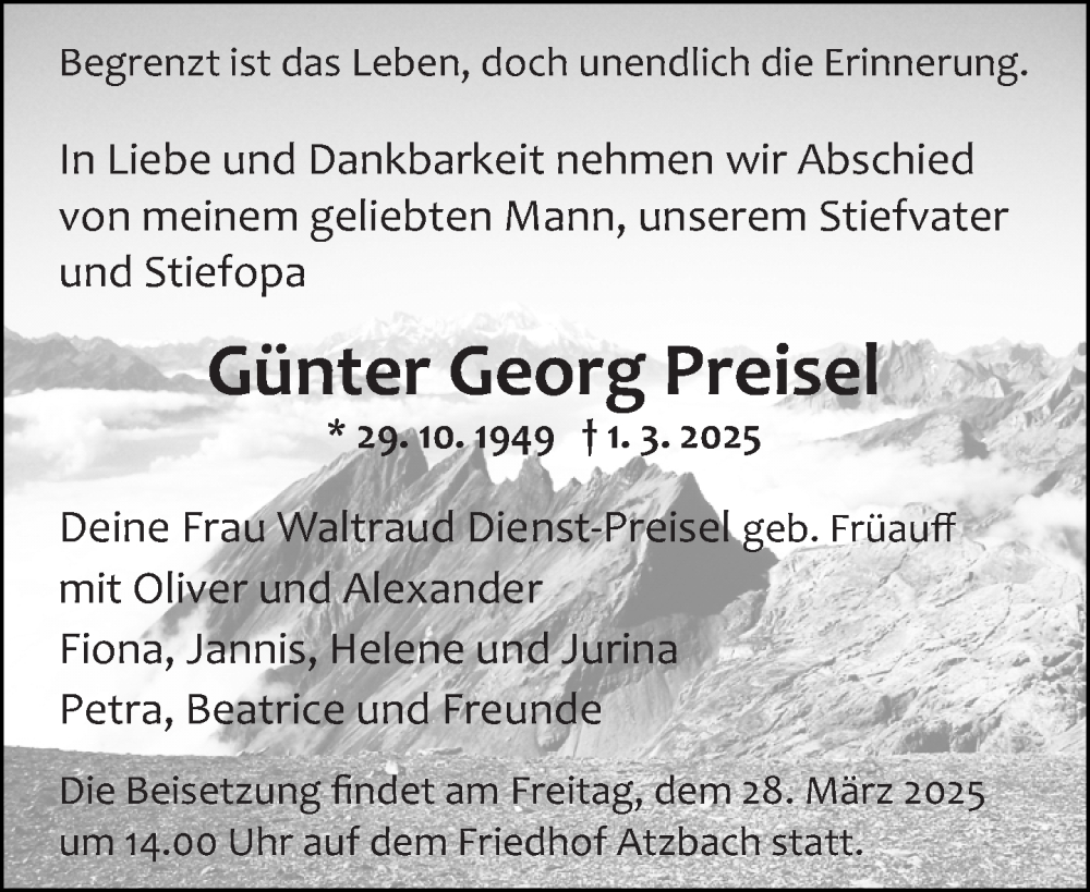  Traueranzeige für Günter Georg Preisel vom 15.03.2025 aus Wetzlarer Neue Zeitung