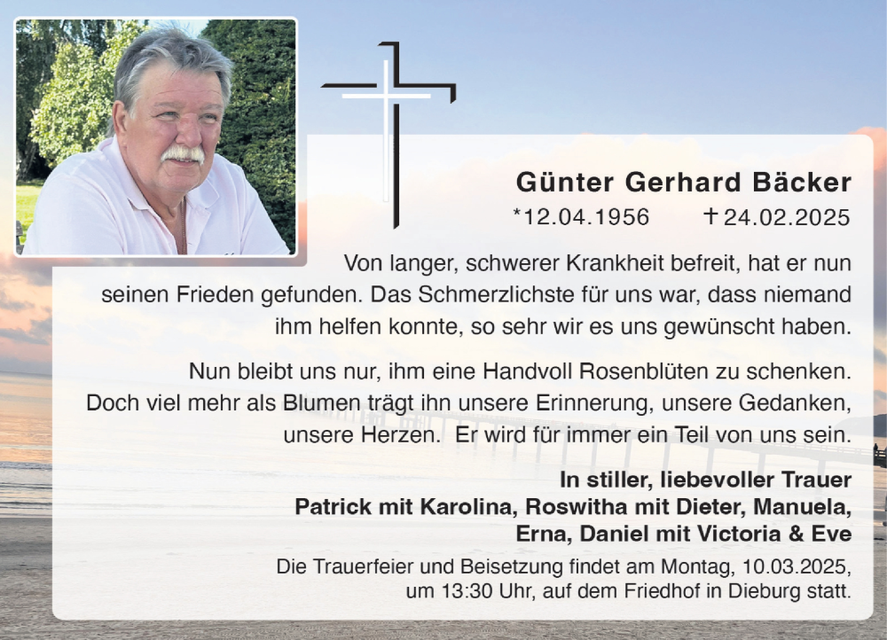  Traueranzeige für Günter Gerhard Bäcker vom 08.03.2025 aus Dieburger Anzeiger/Groß-Zimmerner Lokal-Anzeiger