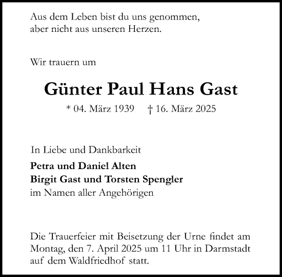 Traueranzeige von Günter Paul Hans Gast von Darmstädter Echo