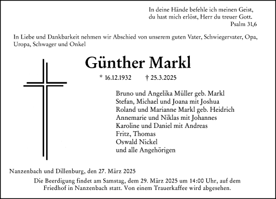 Traueranzeige von Günther Markl von Dill Block