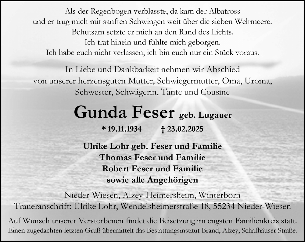  Traueranzeige für Gunda Feser vom 01.03.2025 aus Allgemeine Zeitung Alzey