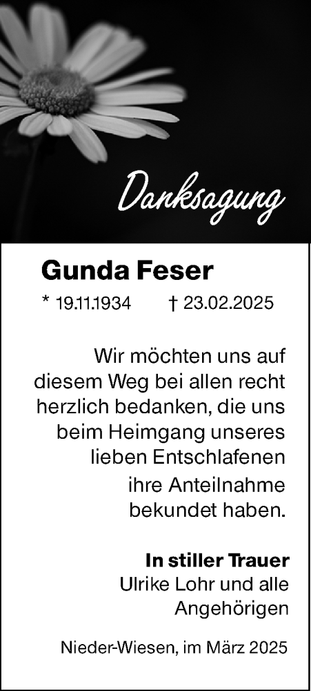  Traueranzeige für Gunda Feser vom 22.03.2025 aus Allgemeine Zeitung Alzey