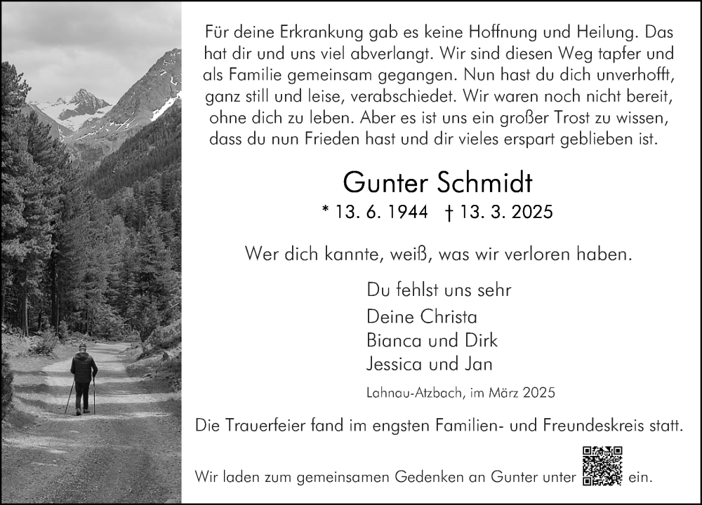  Traueranzeige für Gunter Schmidt vom 29.03.2025 aus Wetzlarer Neue Zeitung