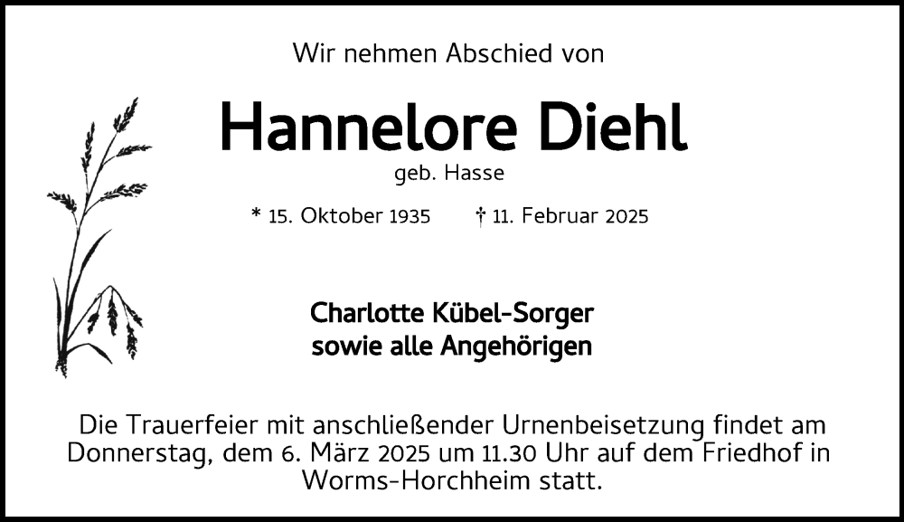  Traueranzeige für Hannelore Diehl vom 04.03.2025 aus Wormser Zeitung
