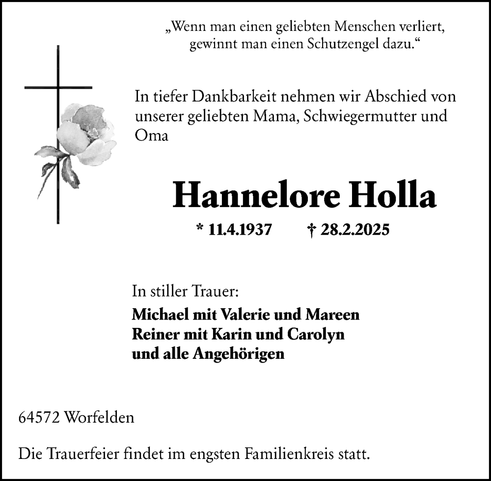  Traueranzeige für Hannelore Holla vom 15.03.2025 aus Groß-Gerauer Echo